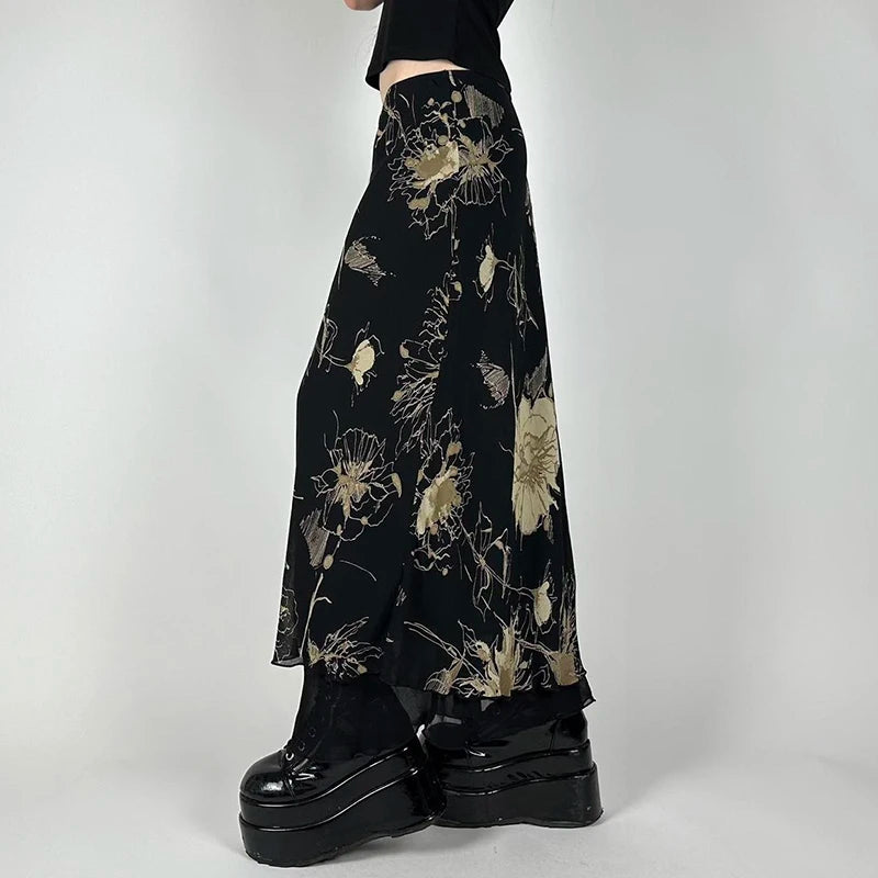 Vintage Floral Print Low Rise Long Skirt Streetwear 90s Slim-fitting Women's Skirts Harajuku y2k Aesthetic Ladies Bottoms