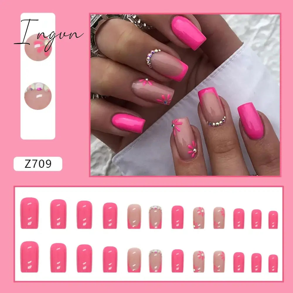 24pcs/Box Gradient Nail Art Patches False Nails Short Square Nail Blue Starry Glitter Teardrop Diamond Fake Nail Tips