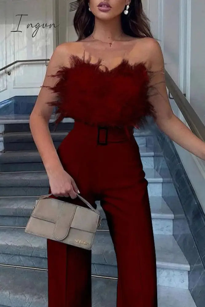Ingvn - Sexy Feathers With Belt Strapless Jumpsuits(5 Colors)