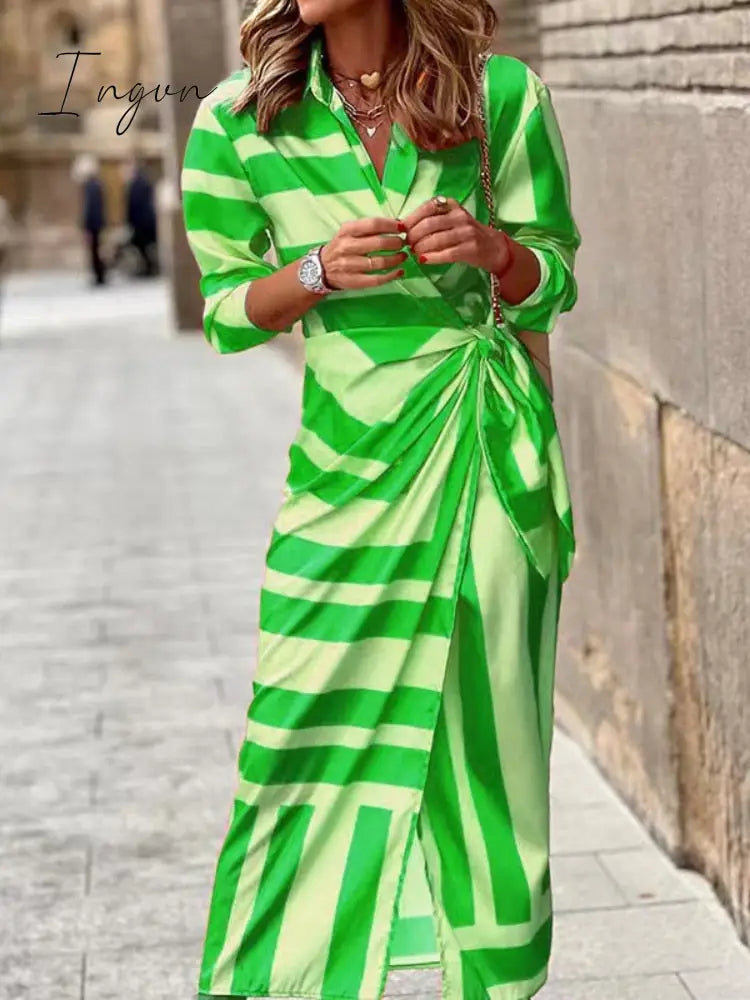 Ingvn - Ladies Elegant V-Neck Tie Waist Print Dress