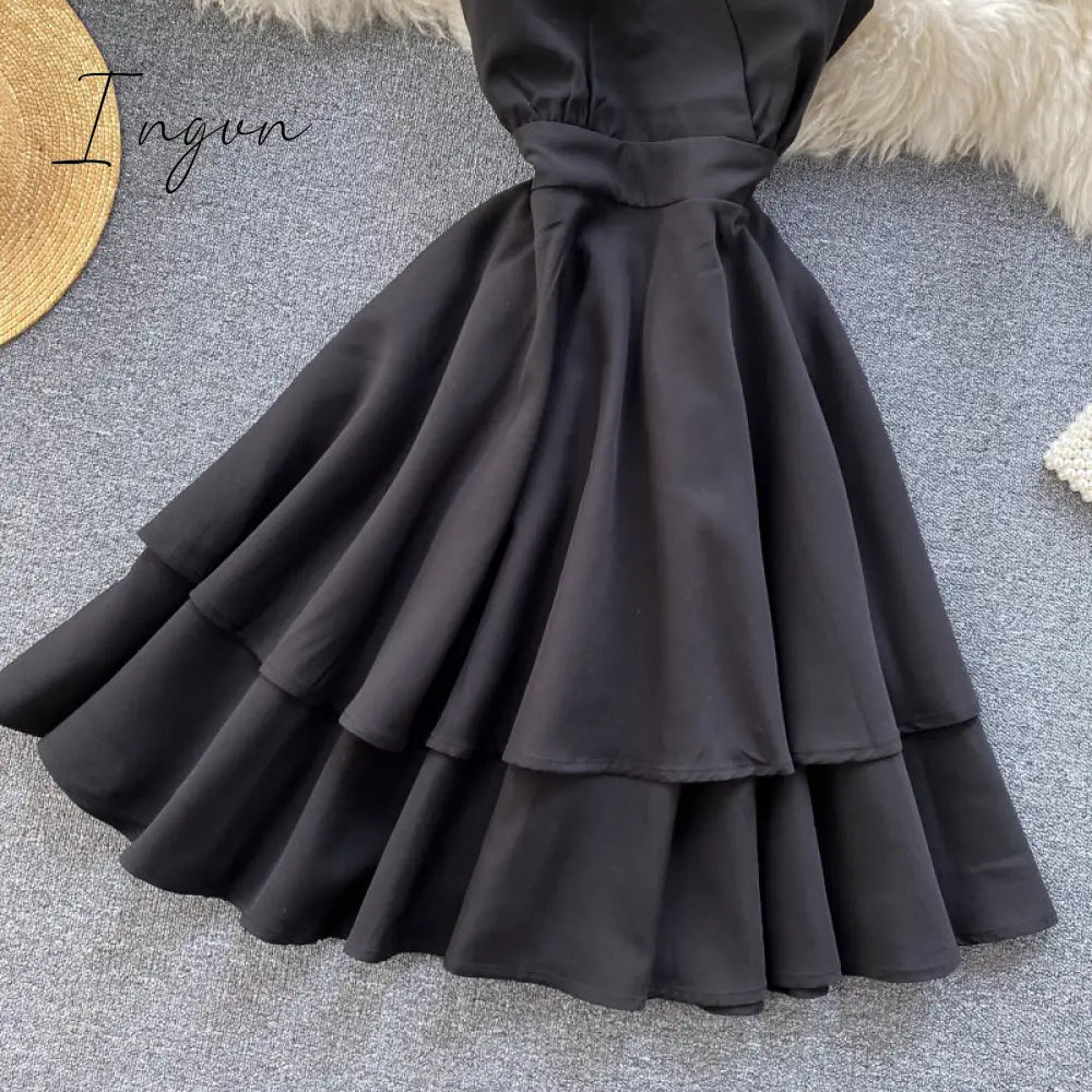 Ingvn - Summer Spring Beach Holiday V-Neck Backless Lace Up Ruffles Cakes Solid Elegant Women Lady A-line High Waist Dress
