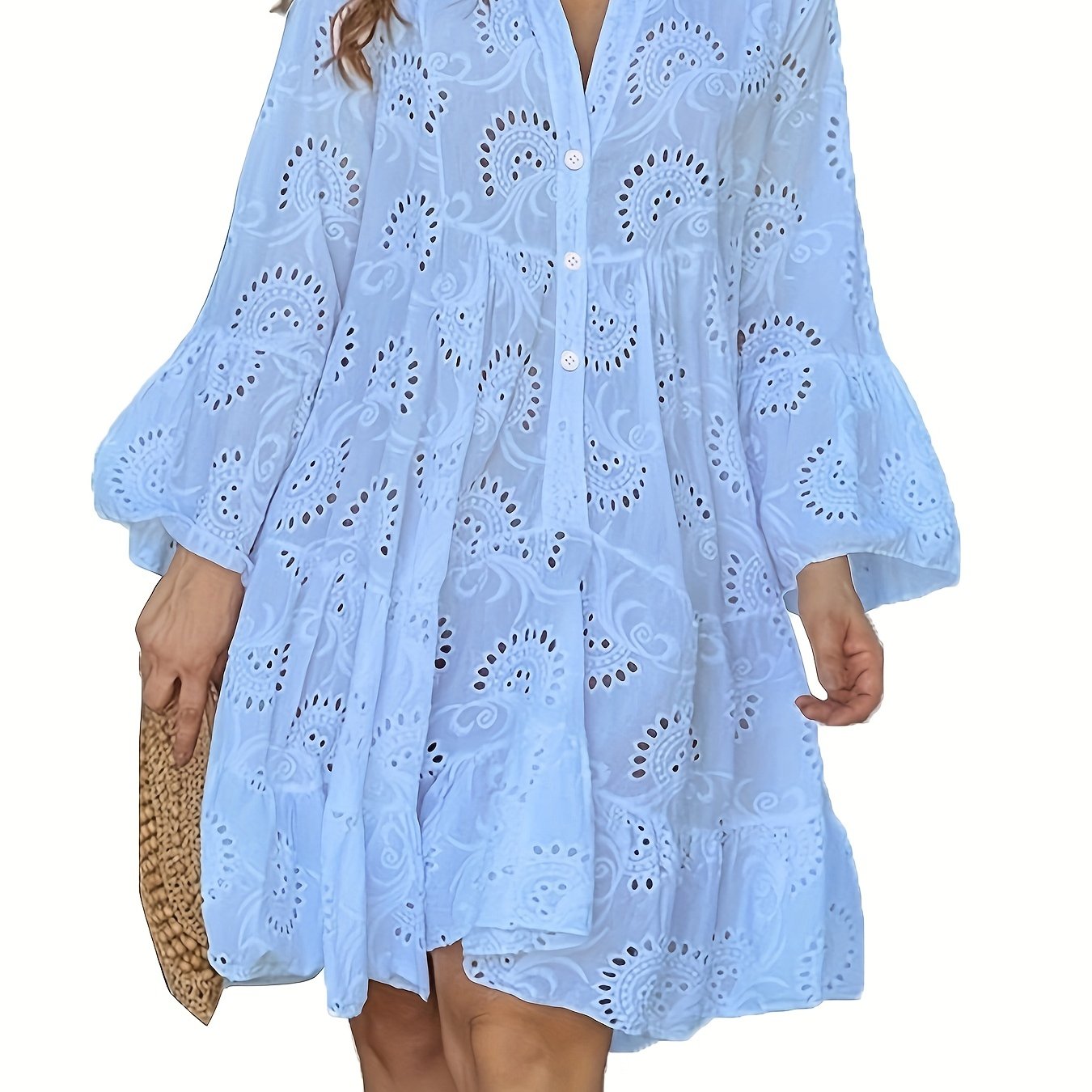 Elegant V Neck Hollow Ruffle Hem Flared Sleeve Dress, Women's Solid Wedding Clothing
