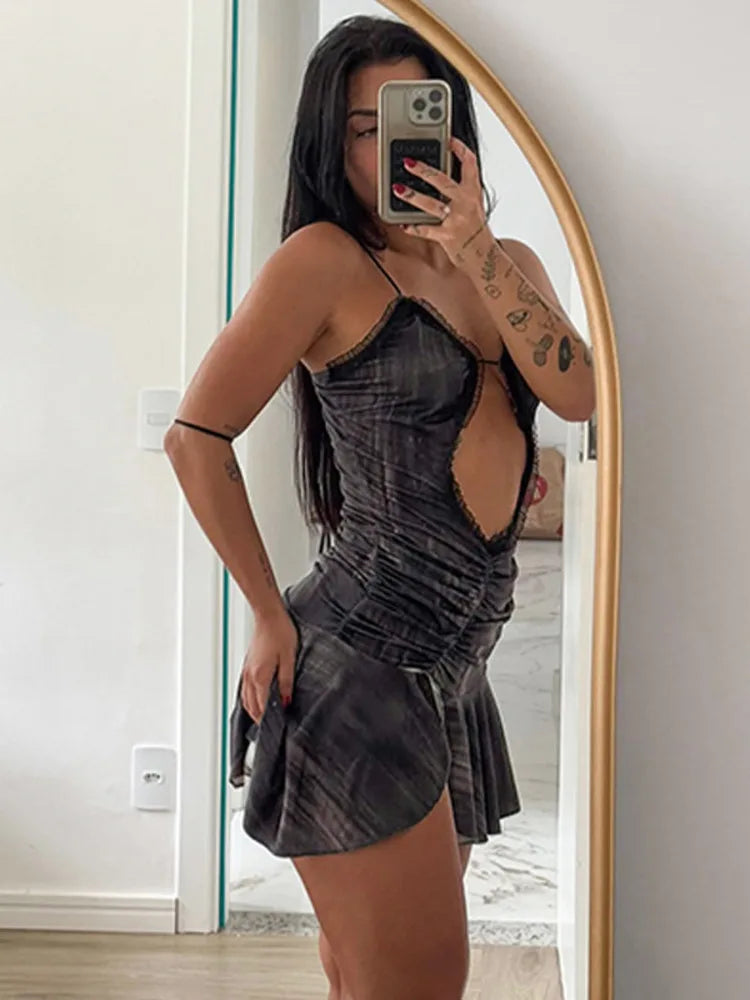 Hollow Out Spaghetti Strap Sexy Mini Dress For Women Off-shoulder Strapless Ruffled Ruched Skinny Split Dress Vestido