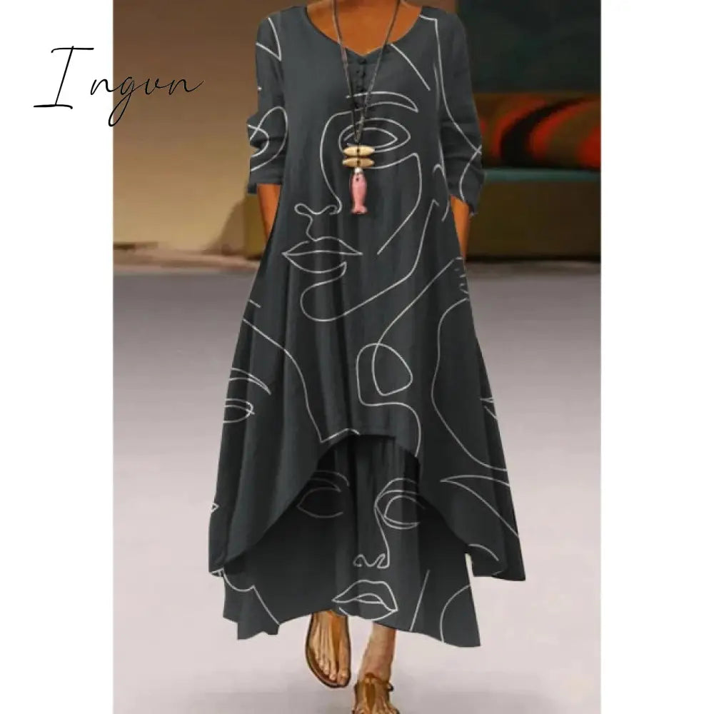 Ingvn - Fashion Summer Maxi Dress Women's Printed Sundress Casual Short Sleeve Vestidos Female High Waist Robe Femme midi elbise