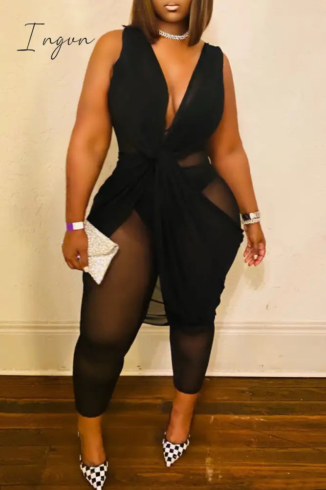 Ingvn - Black Sexy Casual Solid Patchwork See-through V Neck Plus Size Jumpsuits