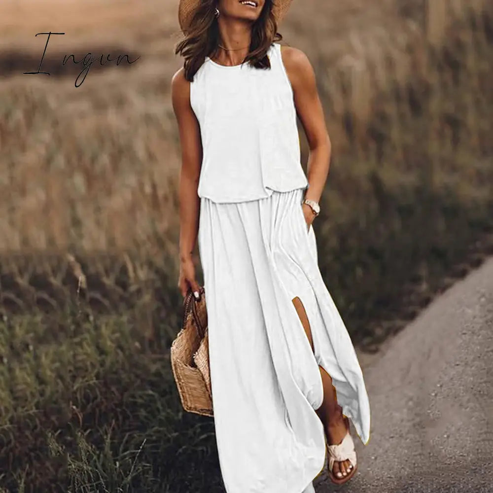 Ingvn - Summer New Oversized Casual Fashion Solid Slit Dress Ladies Sleeveless Loose Robe Dresses Women Round Neck Vestidos De Fiesta