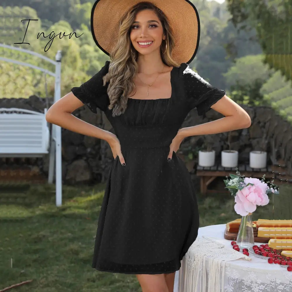Ingvn - Ruched Bust Lantern Sleeve Swiss Dot Chiffon Dress