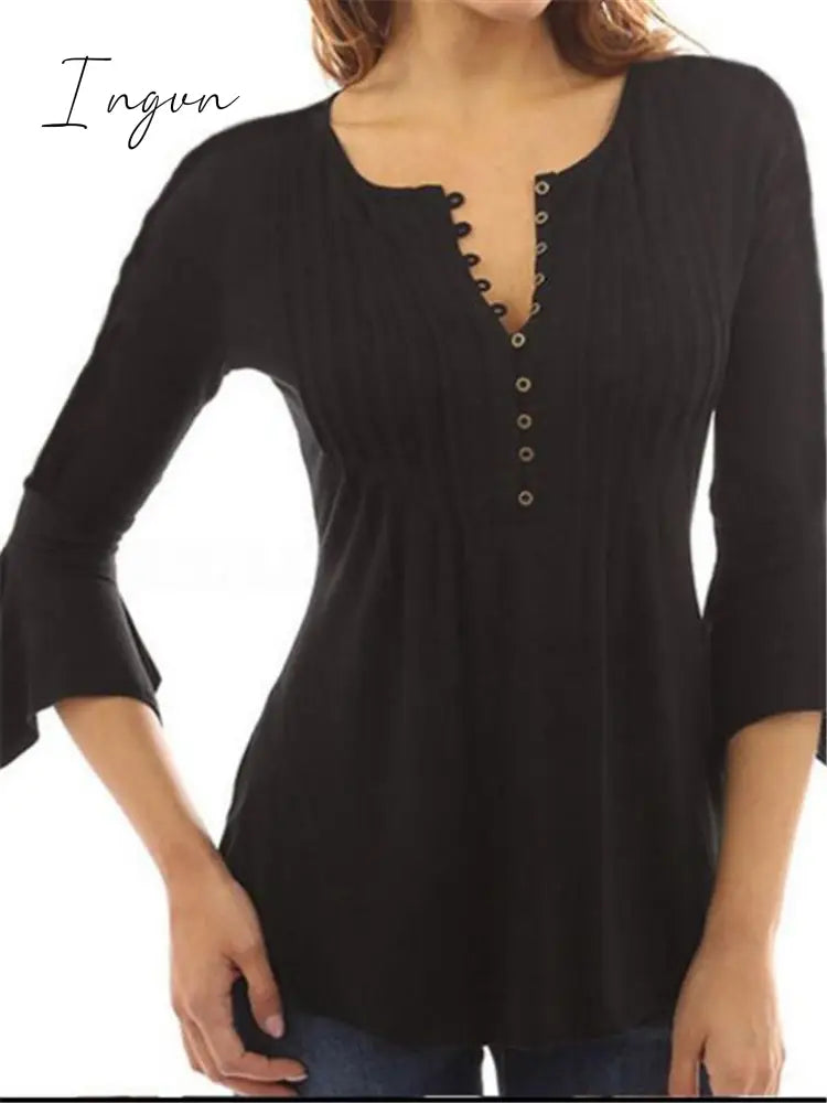 Ingvn - Pleated V-neck Flared Sleeve Plain Color Blouse For Women