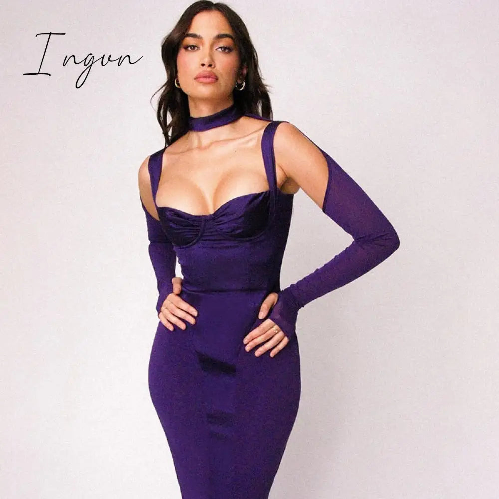 Ingvn - Trends Long Sleeve Satin Party Midi Dresses For Women Elegant Cut Out Autumn Winter Chest Wrapping Bodycon Dress Night Clubwear