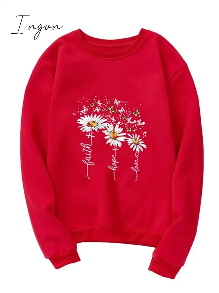 Ingvn - Women's Sweatshirt Pullover Basic Black Yellow Pink Floral Butterfly Street Round Neck Long Sleeve Top Micro-elastic Fall & Winter