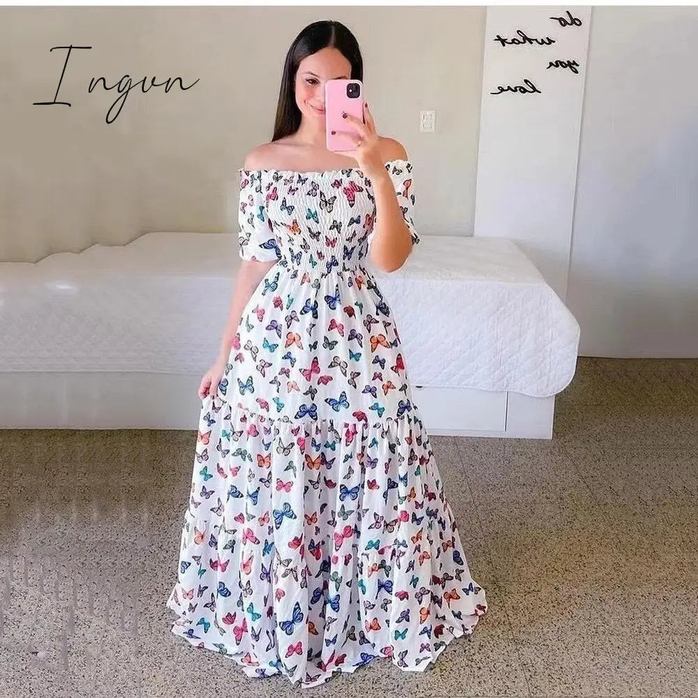 Ingvn - Women's 2023 Butterfly Summer Dress Tube Top Short Sleeve Ruffle Hem A Line Date Night Robes Vacation Bohemian Maxi Dresses XXXL