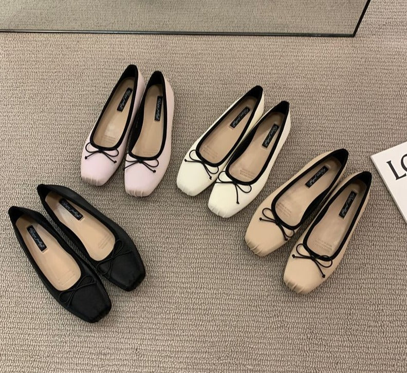 Classic Female Flats Ballerina Shoes Women Fashion Square Toe Pleated Ballet Bow Knot Shallow Moccasin Casual Loafer Sliver