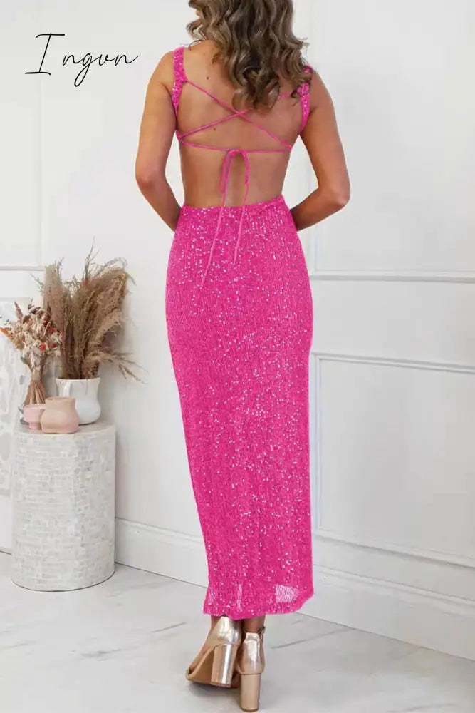 Sexy Solid Sequins Slit Square Collar One Step Skirt Dresses