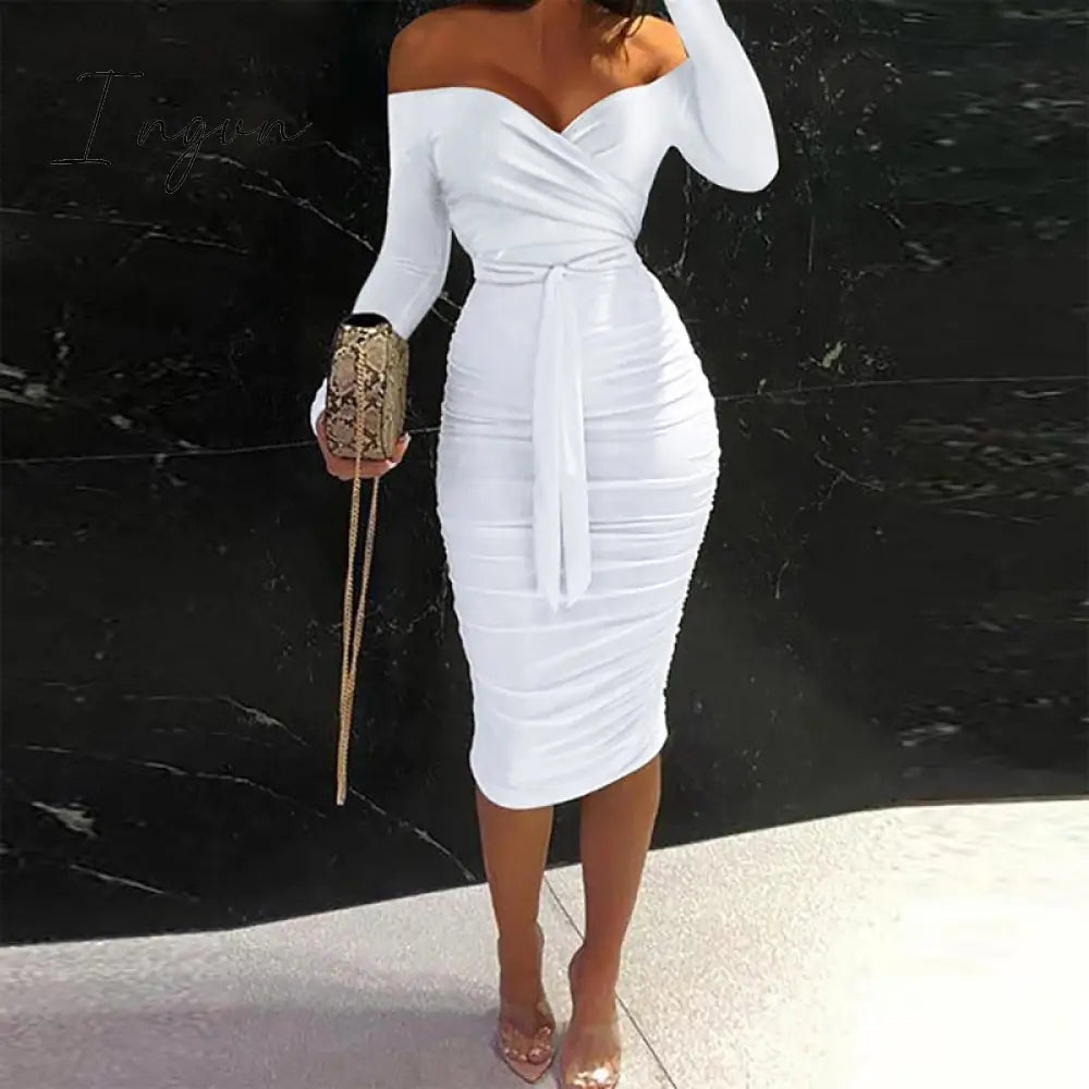 Ingvn - Women Clothing Asymmetric Collar High Waist Robe Slit Dress Chic Solid Short Sleeve Elegant Fashion Prom Banquet Dress New