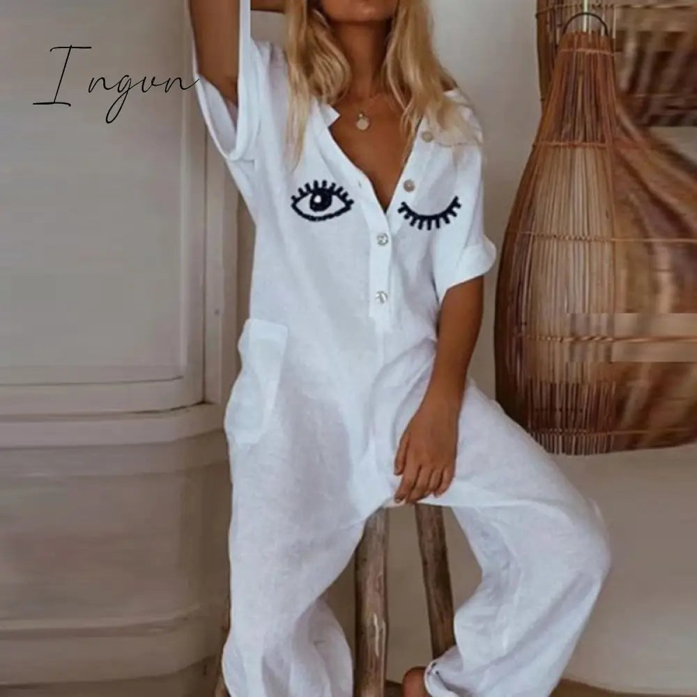 Ingvn - Summer Short Sleeve Eyelash Print Jumpsuit Casual Women Cotton Linen Playsuits V Neck Button Loose Overalls Romper Bodysuit