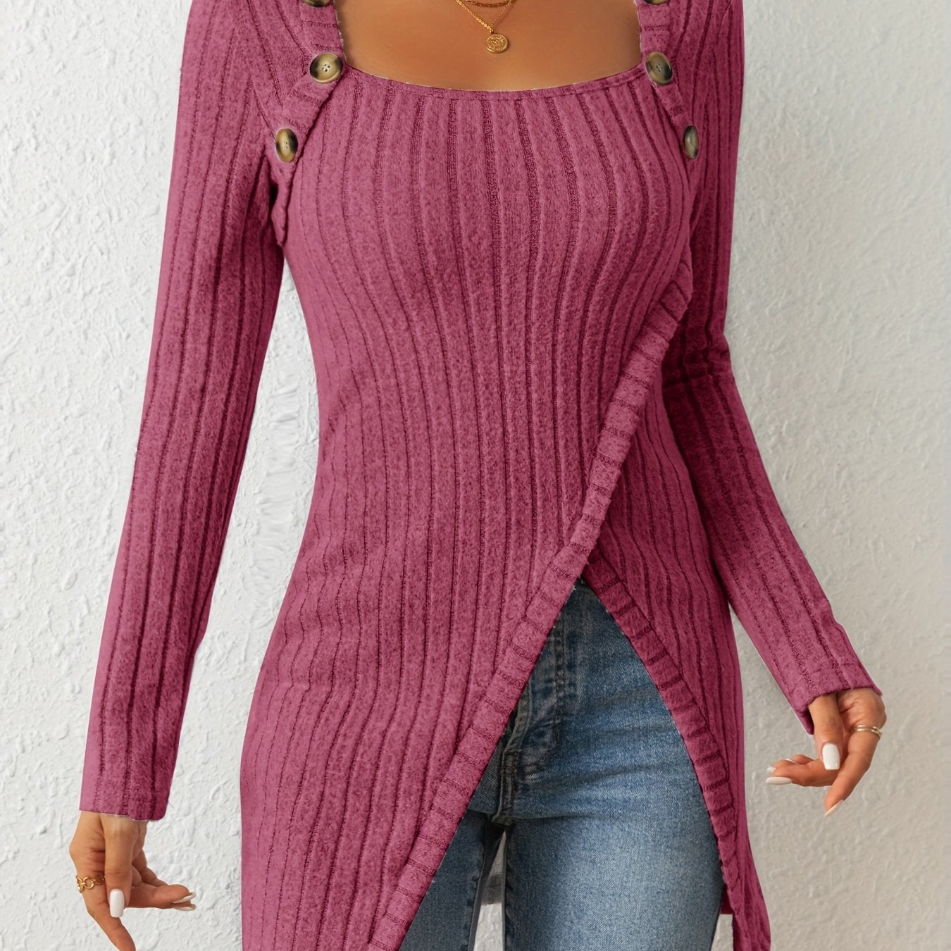 Button Decor Asymmetrical Hem T-Shirt, Casual Ribbed Long Sleeve Top For Spring & Fall, Women's Clothing