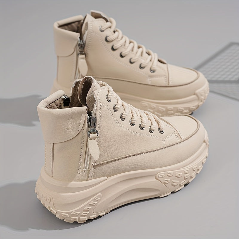 Plus Size Women's Comfortable High-Top Sneakers, Casual Lace Up Outdoor Shoes with Side Zipper
