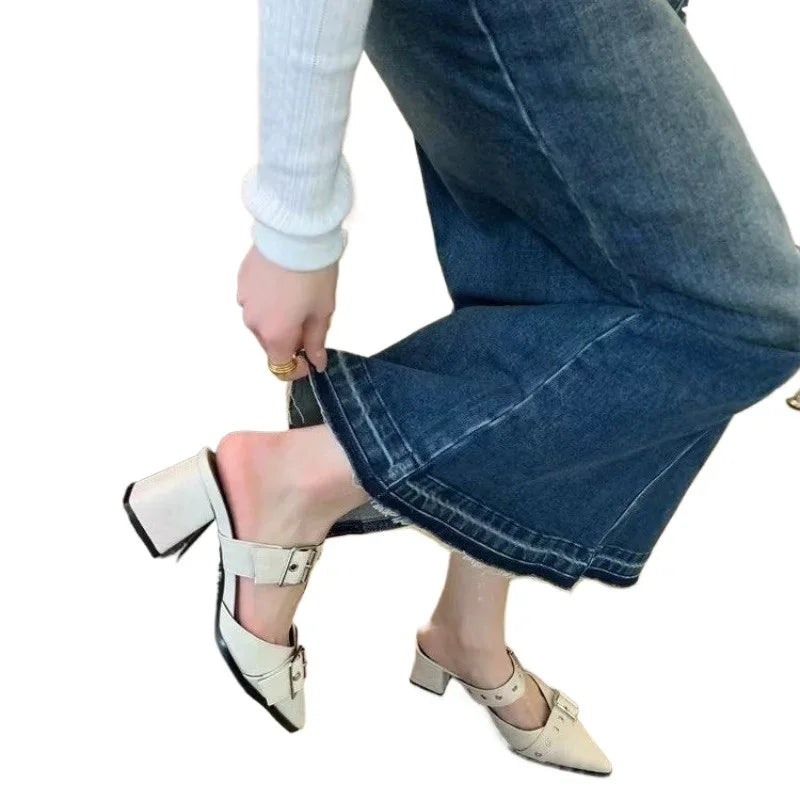 Mid Heels Women Slippers Pointed Toe Sexy Summer Chunky Sandals Fashion New Slingback Flip Flops Party Dress Mujer Slides