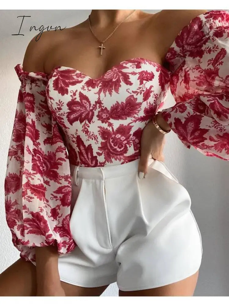 Ingvn - Summer Sexy Off The Shoulder Blous Women Fashion Slash Neck Tube Top Floral Puff Sleeve Blouse Women