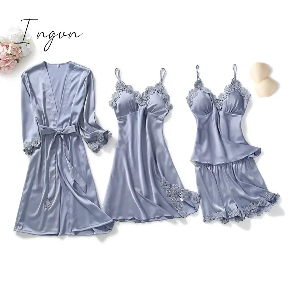 Ingvn - Yellow Robes Suit Autumn Women Nightgown Sets 2 Pieces Nightdress Bathrobe With Chest Pad Female Satin Kimono Bath Gown Sleepwea