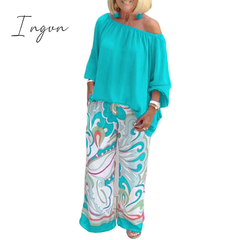 Ingvn - Pants Sets Fashion One Shoulder 3/4 Sleeve Tops Floral Print Wide Leg Trouser Women Two Piece Sets Casual Loose Suit