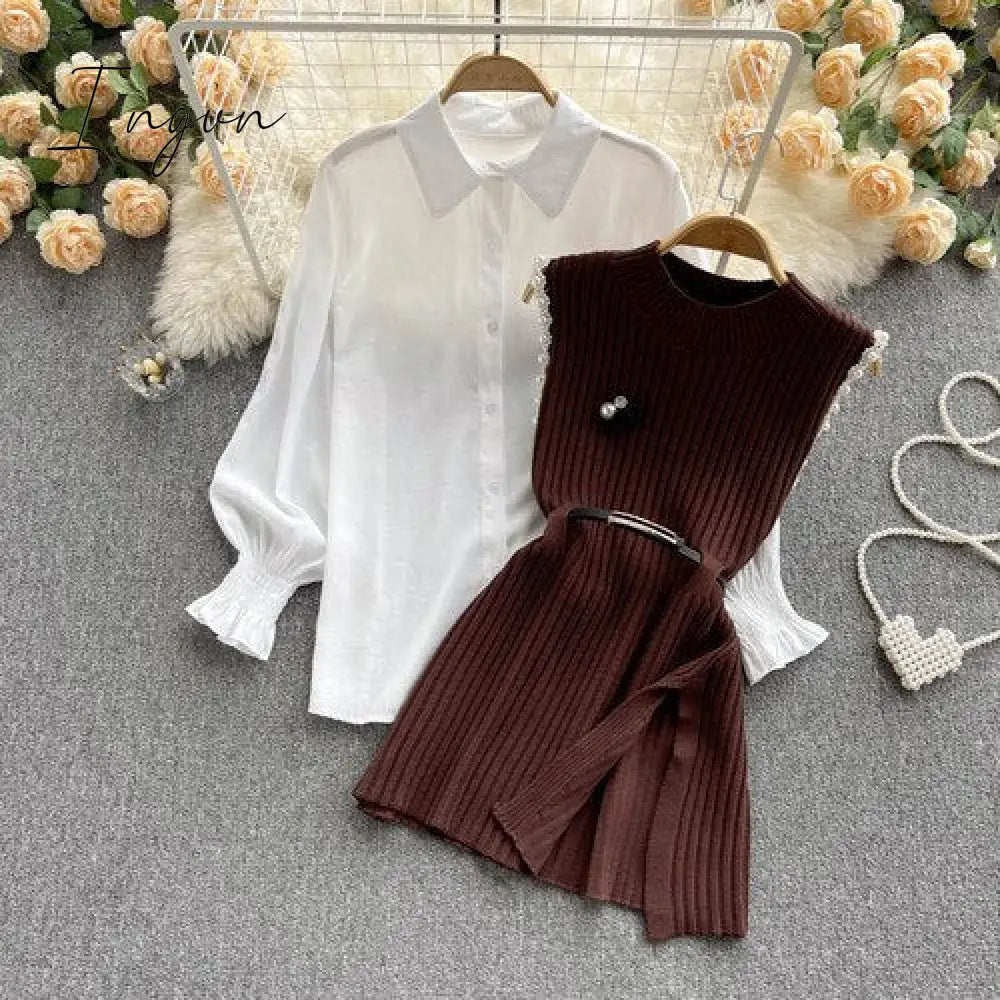 Ingvn - Spring Outfits Women Sleeve White Shirt Fashion Two Piece Suit Red Cotton Sweater Vest Lady Casual Preppy Style White Belt