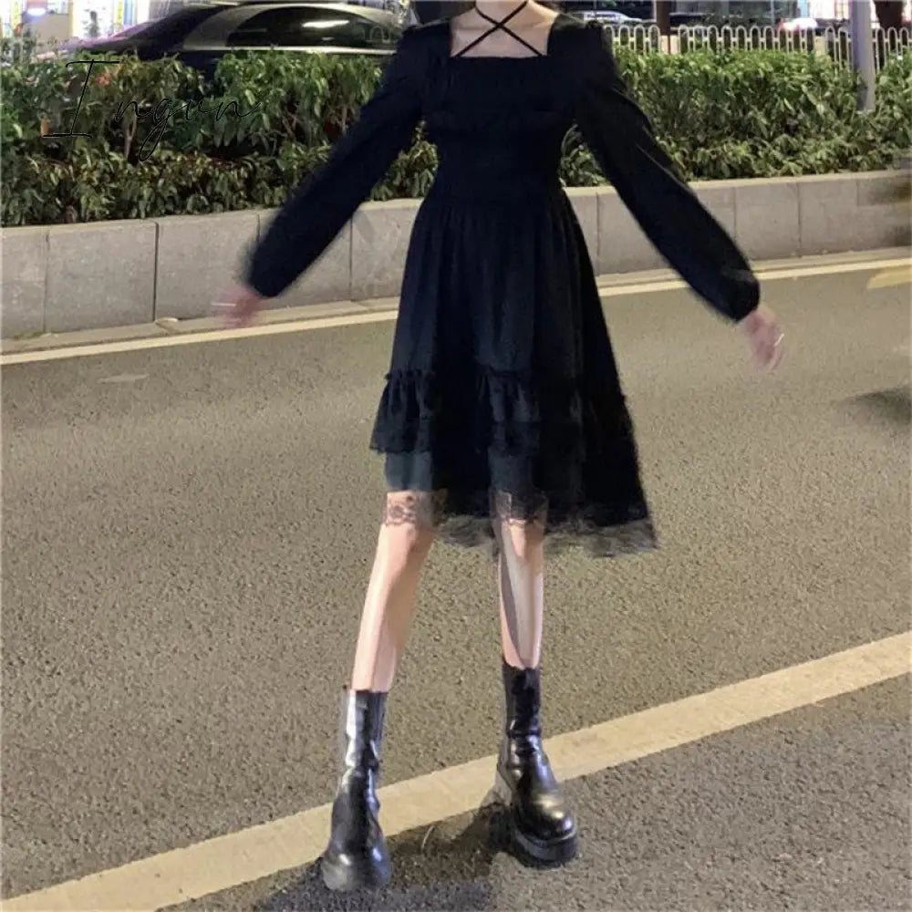 Ingvn - New Gothic Women Black Fairy Party Dress Cross Square Collar Lolita Princess Irregular Dress Cute Kawaii Lace Ruffles Chic Dress