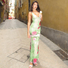women's flower print contrast color V-neck sleeveless backless slim fit temperament sexy holiday style dress long skirt