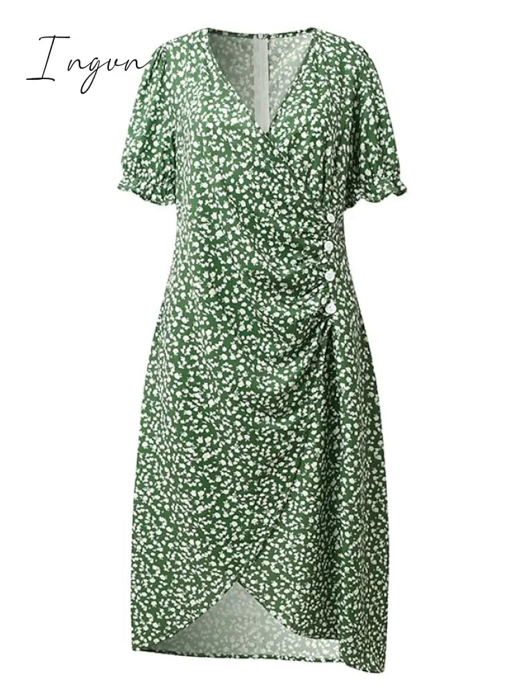 Ingvn - Women's Casual Dress Wrap Dress Floral Dress Floral Button Print V Neck Midi Dress Fashion Classic Daily Holiday Short Sleeve Regular Fit Black Dark Red Yellow Summer Spring S M L XL XXL