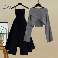 Ingvn - Spring and Autumn Set Women's 2023 New Korean Fashion Cross Knitted Sweater Age Reducing Sling Dress Two Piece Set