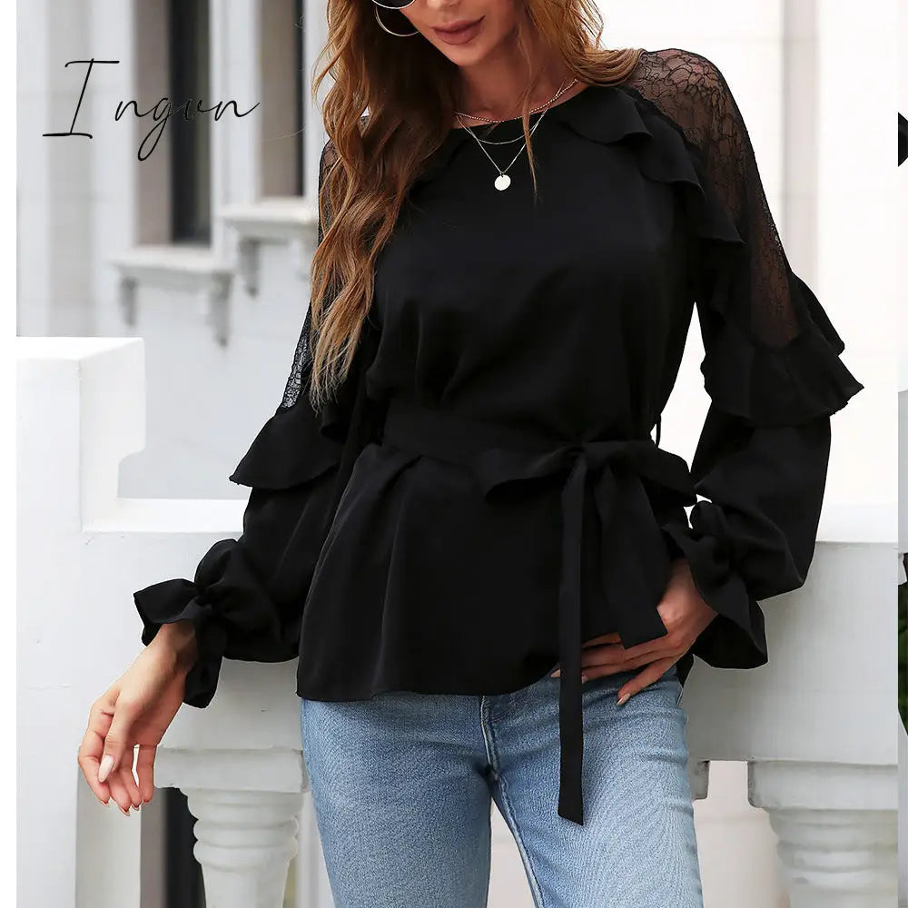 Ingvn - Round Neck Front Tie Flounce Sleeve Lace Cap Blouse