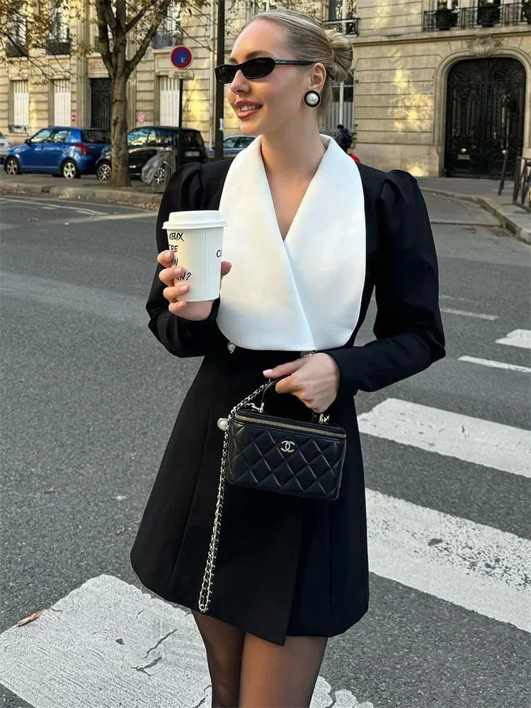 Contrast Color Lapel Suit Dress Elegant Office Woman Outfits Pleatd Splice High Waist Mini Dress Double Breasted Fashion