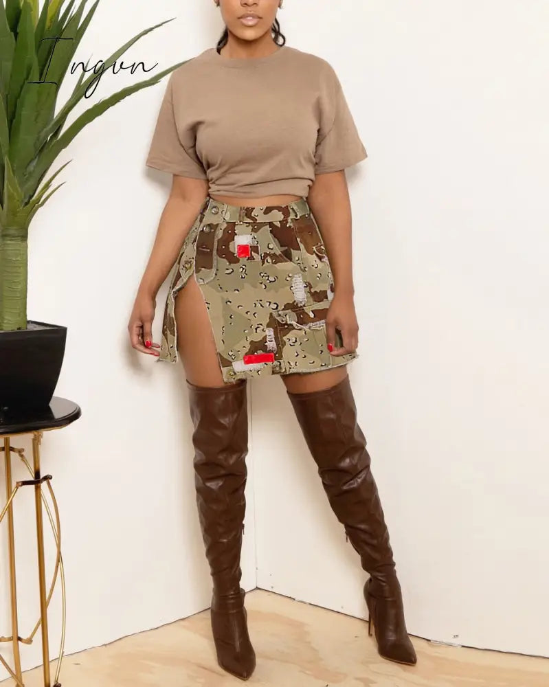 Ingvn - 2023 Summer Camo Skirt High Split Cargo Novelty Skirts for Women