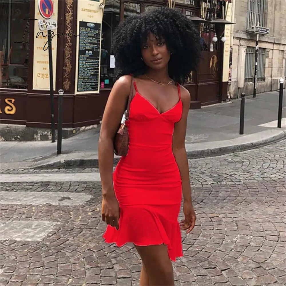 Ingvn - Spaghetti Straps Ruffles Mini Dress Club Party Elegant Sleeveless Slip Women's Summer Sundress Outfits Holiday