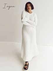 Ingvn - Solid Color Round Neck Long Sleeved Knitted Dress Women Pleated Slim White Long Robes 2023 Summer Lady Office Streetwear Vestido