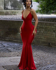 Sexy Backless Women Evening Maxi Dress Folds V-Neck Sleeveless Coquette Elegant Mermaid Matching Banquet Prom Bodycon