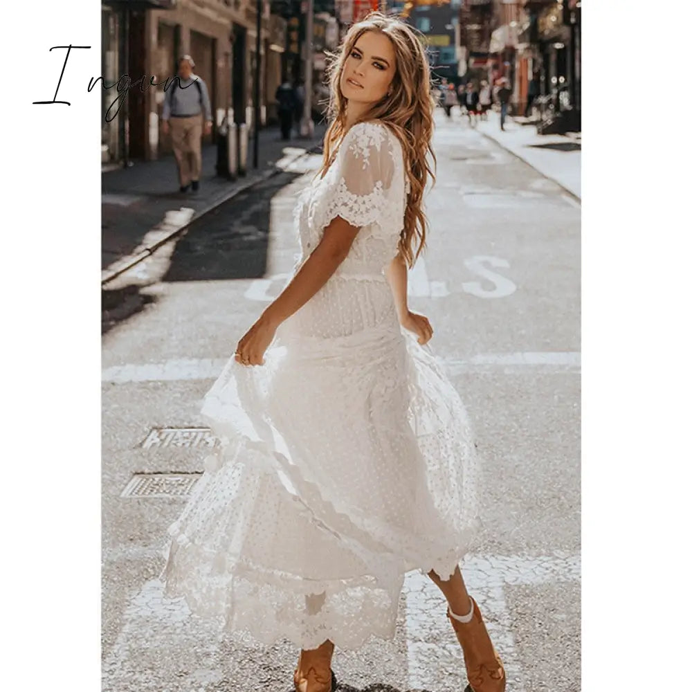 Ingvn - Hollow Out White Dress Sexy Women Long Lace Dress Cross Semi-Sheer Plunge V-Neck Short Sleeve Lace Maxi Dress