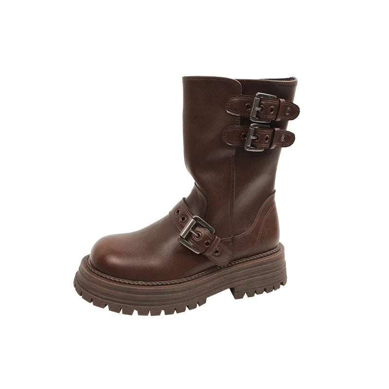 Ingvn  Winter Women Motorcycle Boots Fashion Belt Buckle Short Booties Ladies Elegant Thick Heels Botas Mujer