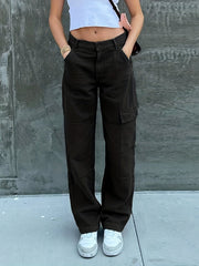 Wide Leg One Side Square Pocket Cargo Pants, Denim Loose Baggy Fit Straight Legs Trousers, Y2K Kpop Vintage Style Women's Jeans