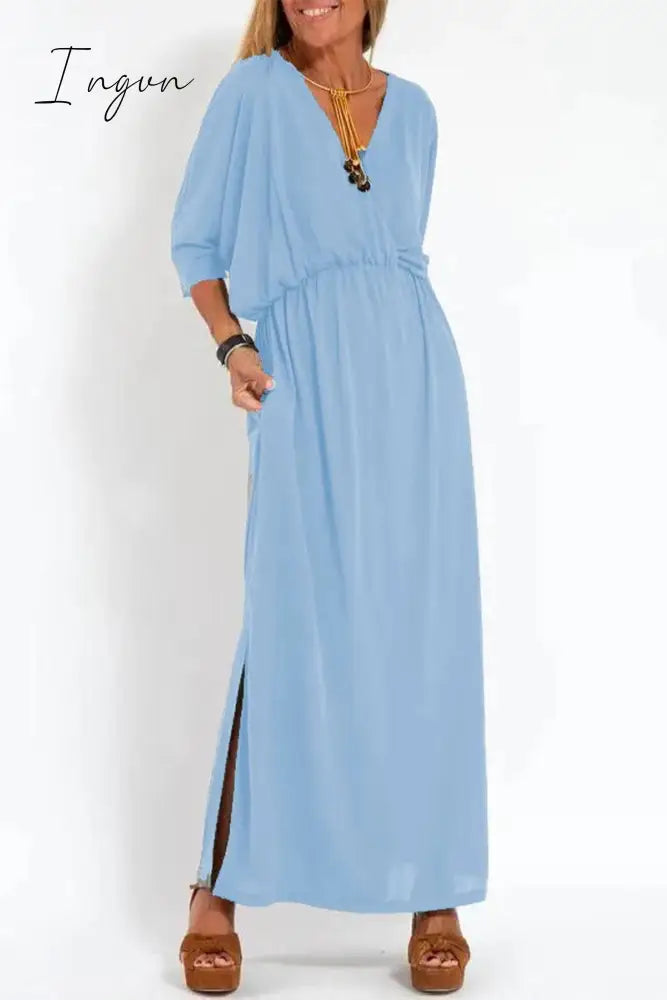 Ingvn - Casual Simplicity Solid Pocket Slit V Neck A Line Dresses