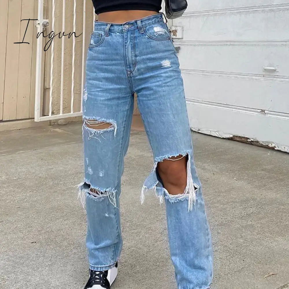 Ingvn - Baggy Jeans Straight Leg Ripped Jeans For Women Fashion Loose High Streetwear Women High Waist Pants Hole Boyfriend Trousers