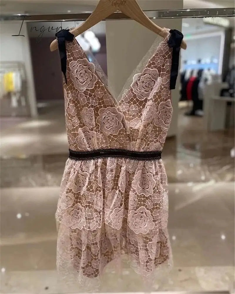 Ingvn - 2023 Summer Pink Women Lace Gauze Dress Mesh Tulle V Neck Bow Tie Rose Embroidery Midi Long Sequin Dress Evening Robe Quality