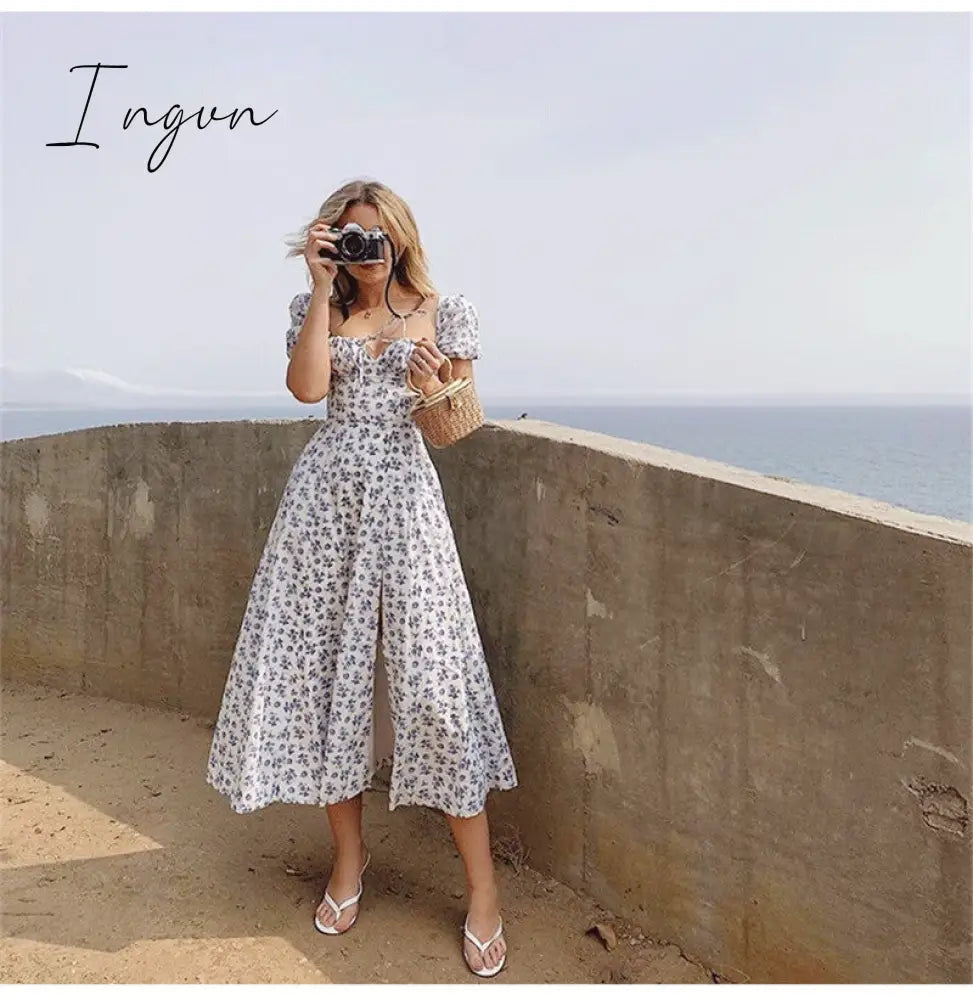Ingvn - Print Summer Dress Women Floral Short Puff Sleeves Square Collar Holiday MIDI Dress Female Drawstring High Slit Dress