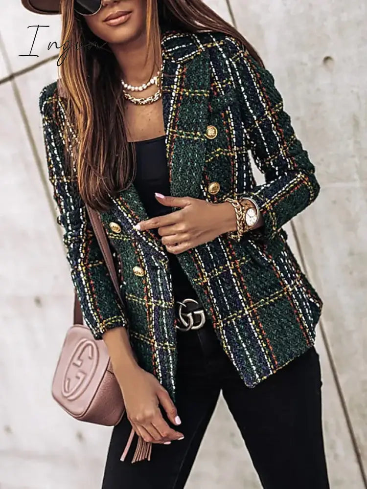 Ingvn - Women's Blazer Tweed Plaid Long Sleeve Coat Fall Winter Business Double Breasted Regular Jacket Green Brown XL 2XL 3XL