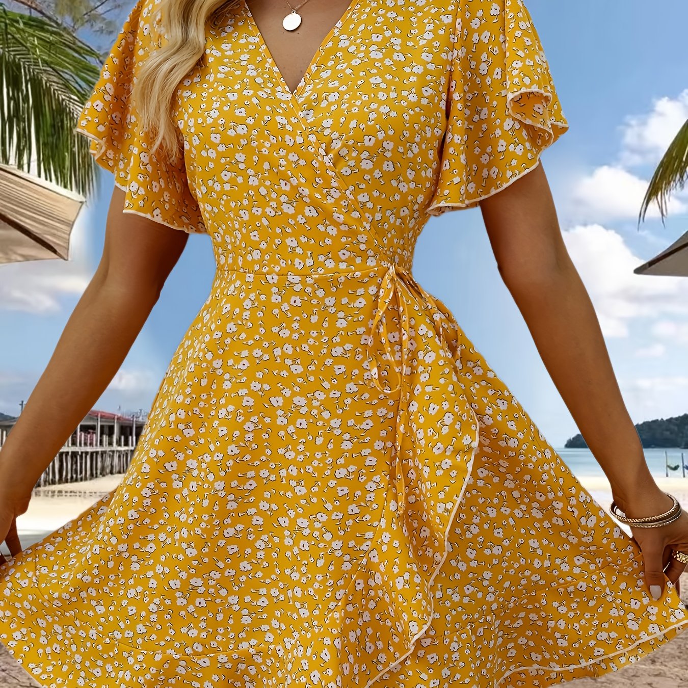 Vibrant Floral Print Ruffle Hem Wrap Dress - Short Sleeve, V-Neck, Sexy, Flowy, Spring & Summer Essential - Women's Clothing for Chic Ladies