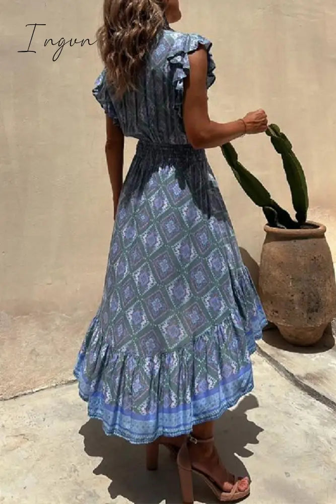 Ingvn - Sexy Vacation Floral Bandage V Neck Printed Dress Dresses
