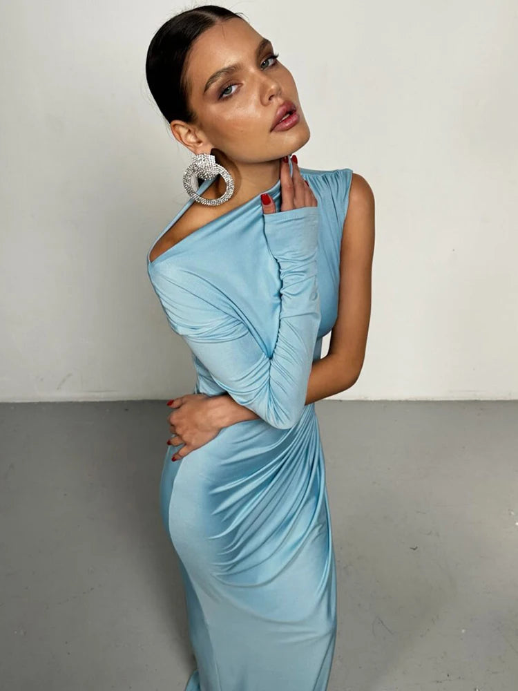 Skew Collar One Sleeve Sexy Maxi Dress For Women Gown Fashion Solid Thigh High Split Ruched Bodycon Club Long Dress