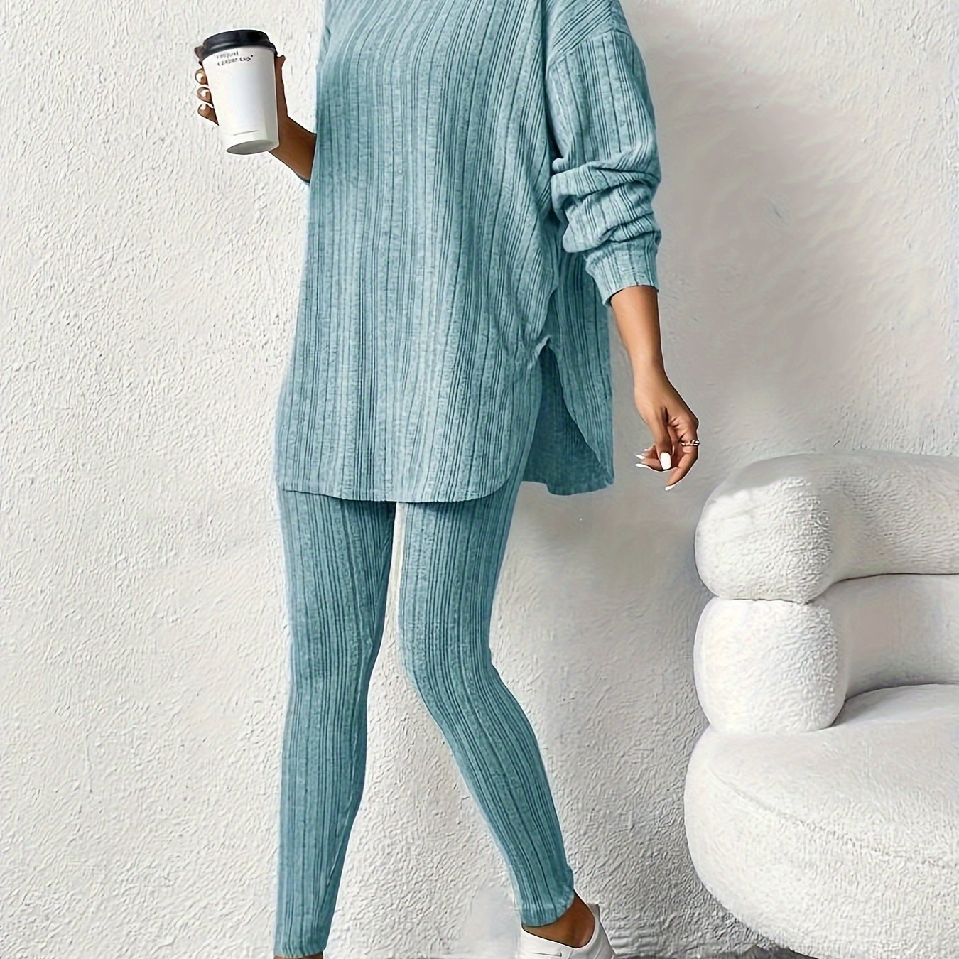 Sleek Duo, Elegant Solid Color Ribbed Hoodie & Leggings Set for Women - Long Sleeve, Polyester Blend, Machine Washable - Perfect for Spring/Fall