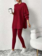 Sleek Duo, Elegant Solid Color Ribbed Hoodie & Leggings Set for Women - Long Sleeve, Polyester Blend, Machine Washable - Perfect for Spring/Fall