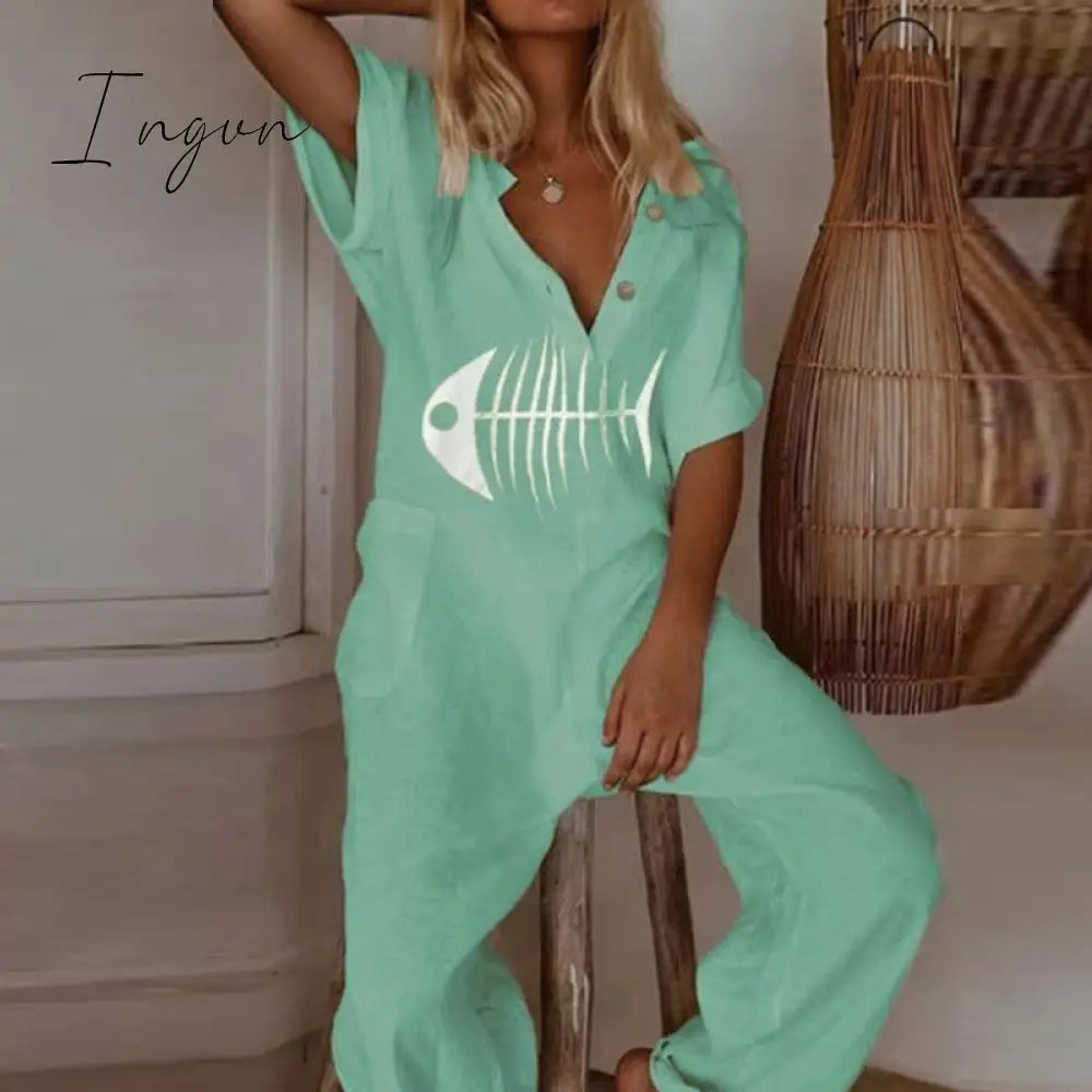 Ingvn - Summer Short Sleeve Eyelash Print Jumpsuit Casual Women Cotton Linen Playsuits V Neck Button Loose Overalls Romper Bodysuit